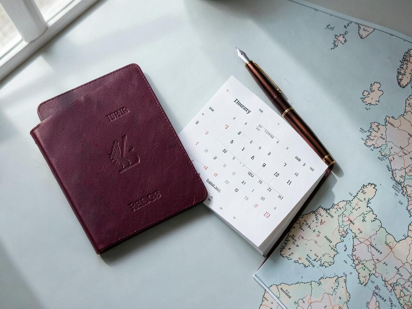 Passport, calendar and map arranged for travel planning